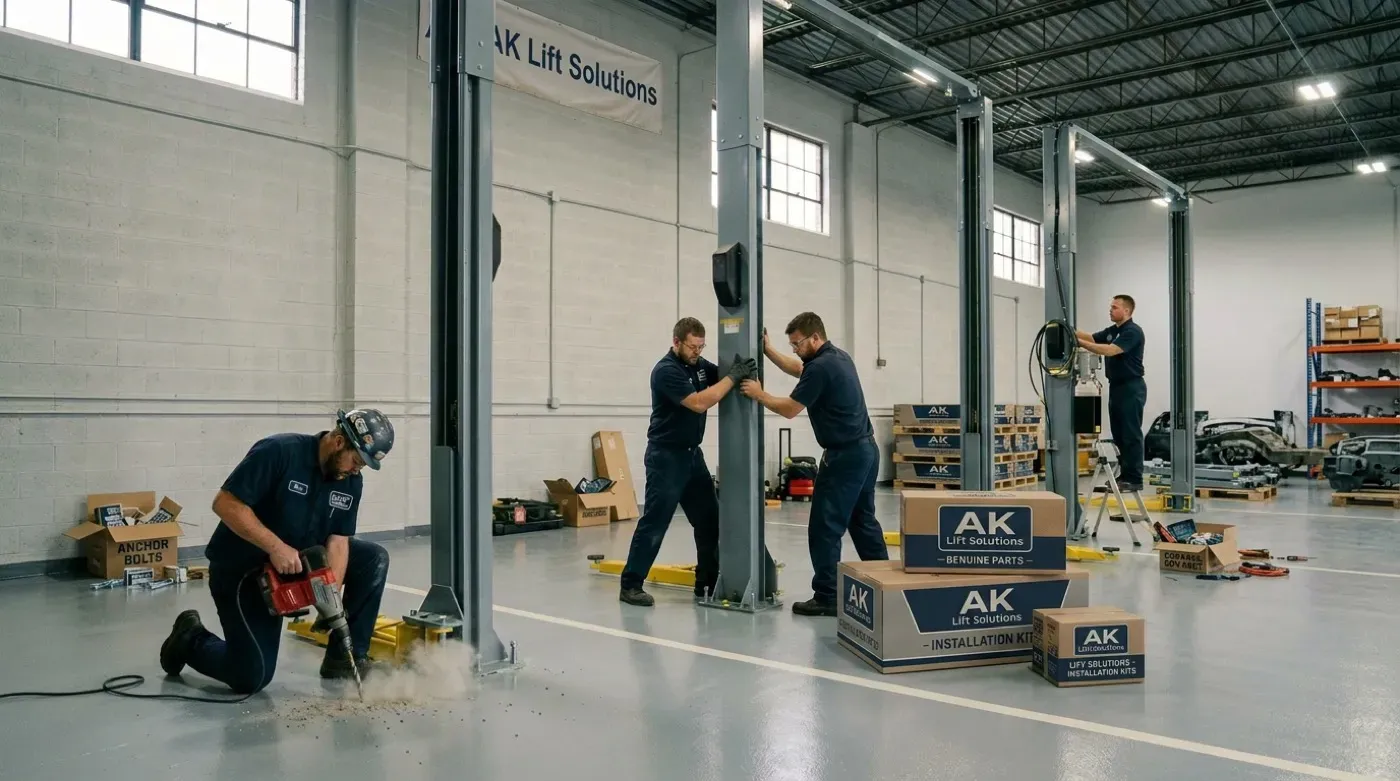 AK Lift Solutions crew installing two-post lifts